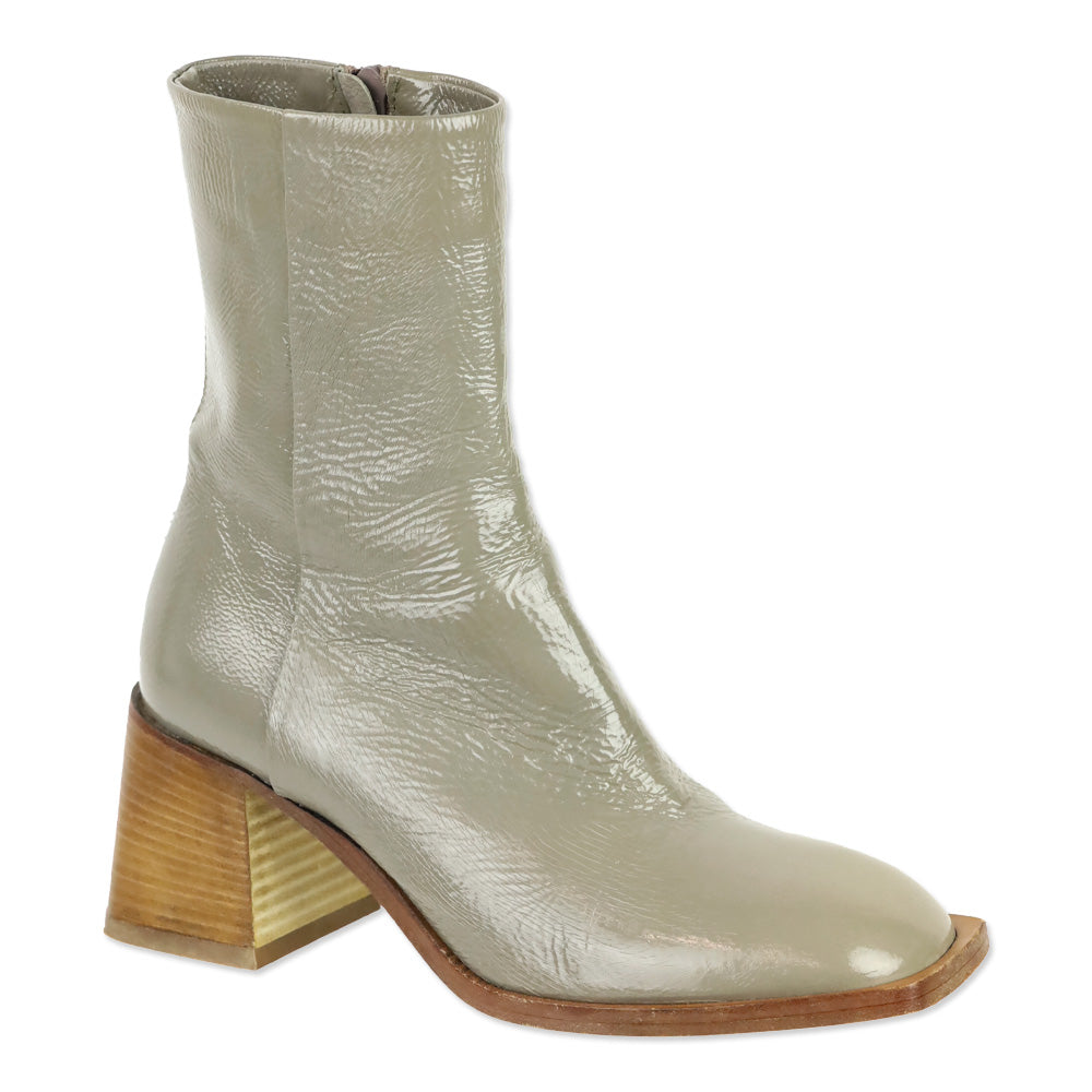 275 Central Grey Crinkle Patent Leather Square Toe Block Heel Ankle Boots