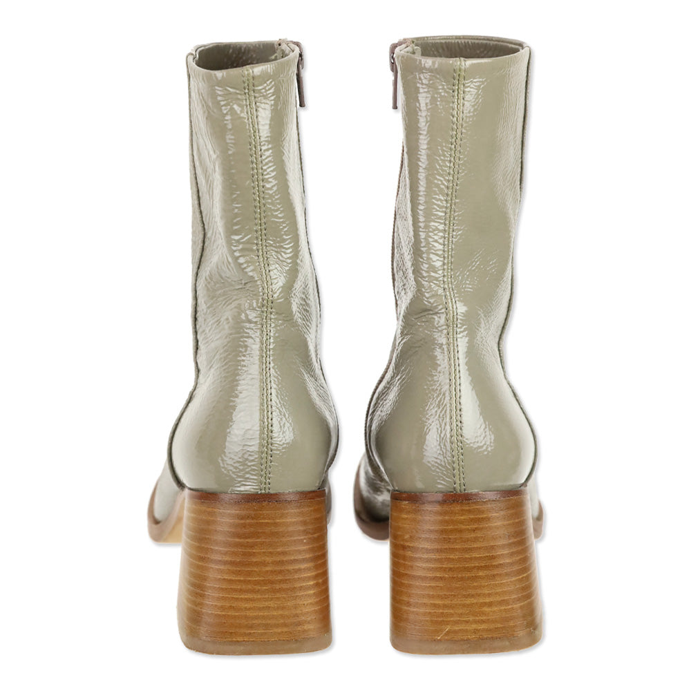 275 Central Grey Crinkle Patent Leather Square Toe Block Heel Ankle Boots