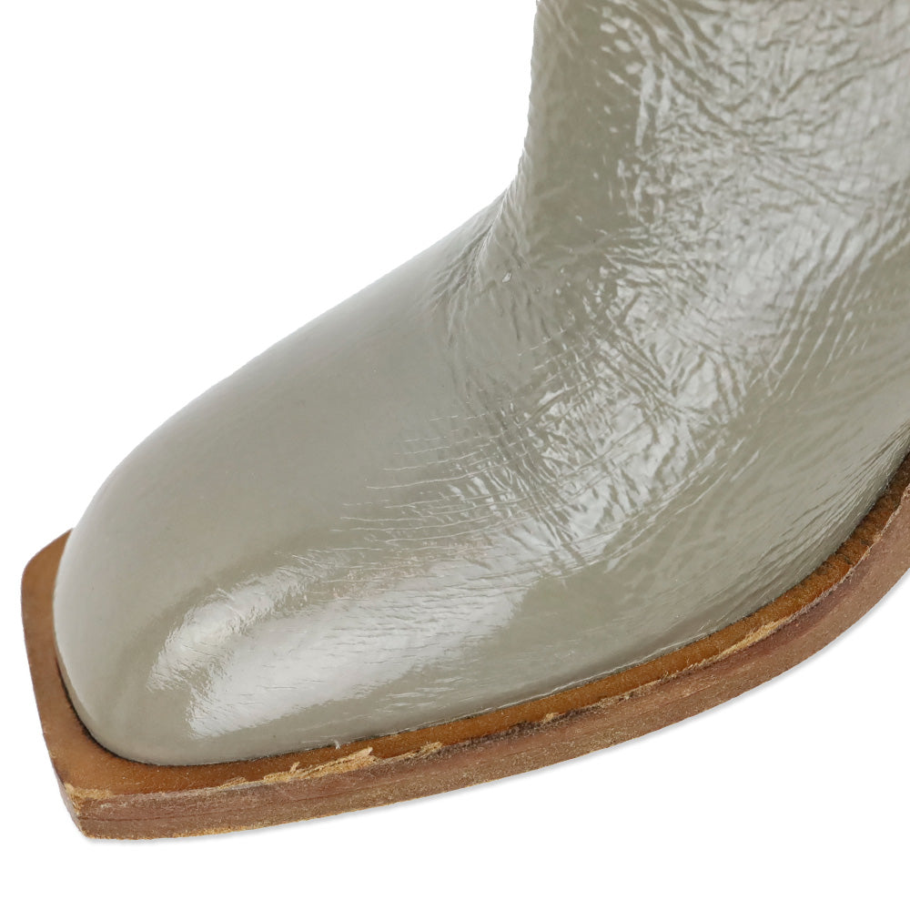 275 Central Grey Crinkle Patent Leather Square Toe Block Heel Ankle Boots