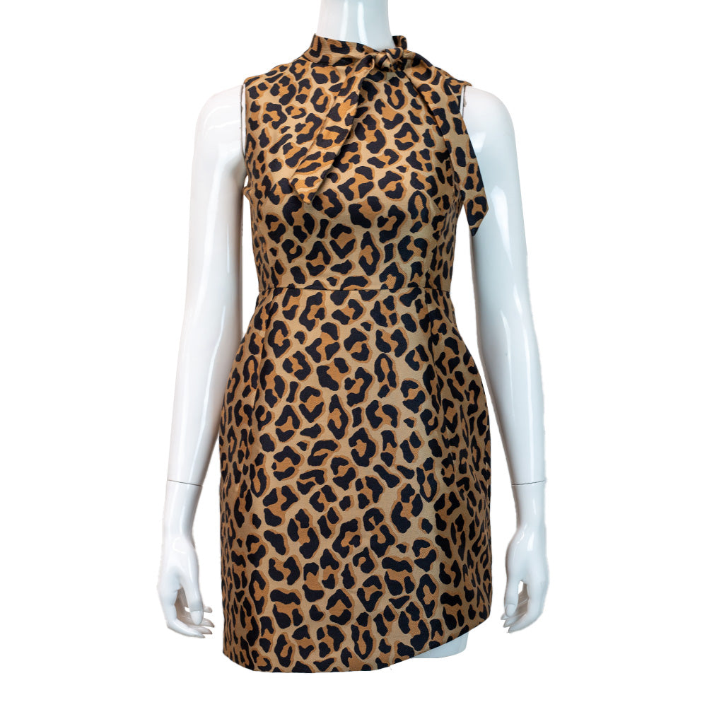 Leopard Jacquard Satin Strong Shoulder Mini Dress