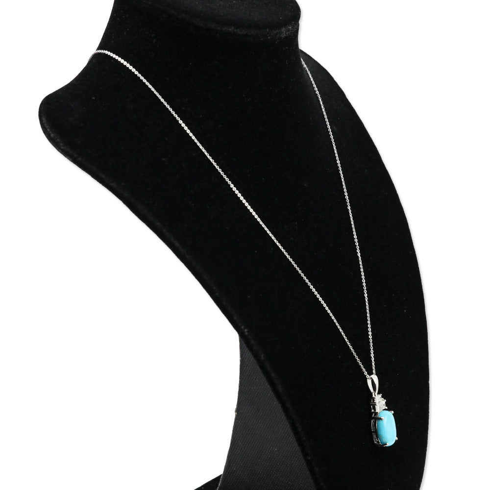 925 Sterling Silver Tiered Diamond and Premium Sleeping Beauty Turquoise Oval Pendant Necklace