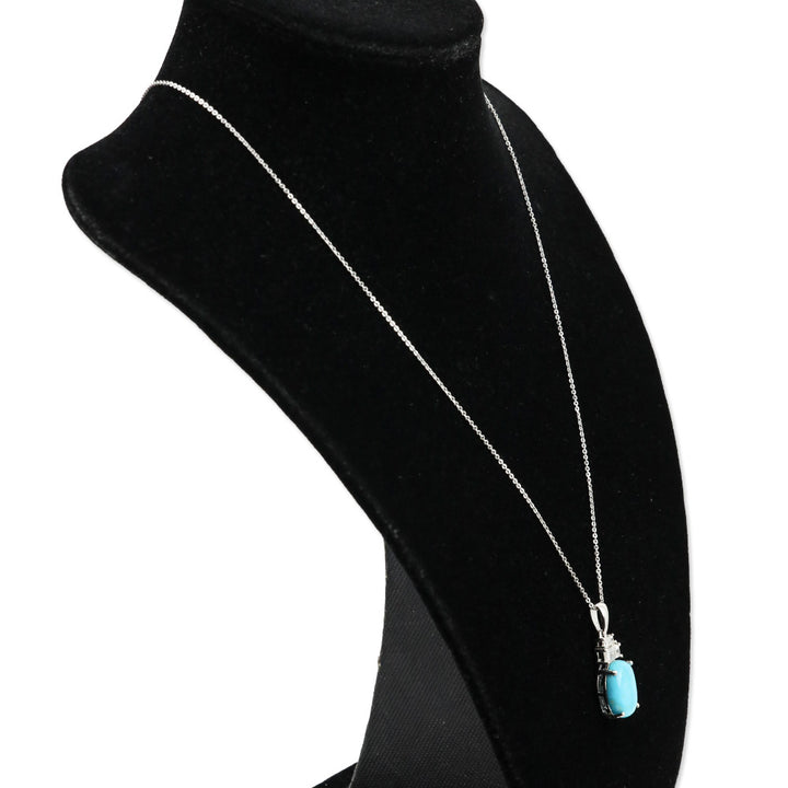 925 Sterling Silver Tiered Diamond and Premium Sleeping Beauty Turquoise Oval Pendant Necklace