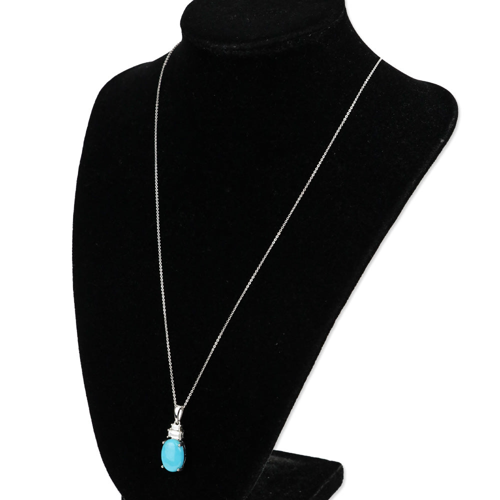 925 Sterling Silver Tiered Diamond and Premium Sleeping Beauty Turquoise Oval Pendant Necklace