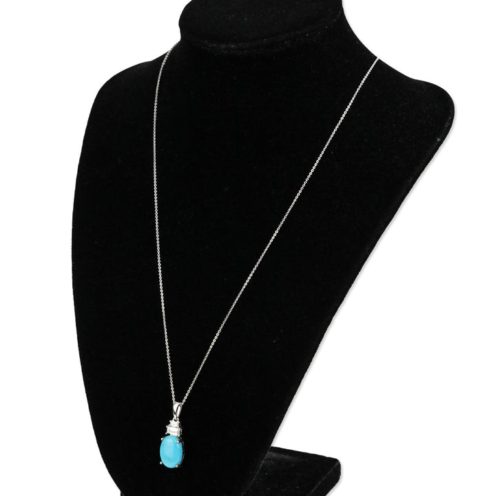 925 Sterling Silver Tiered Diamond and Premium Sleeping Beauty Turquoise Oval Pendant Necklace