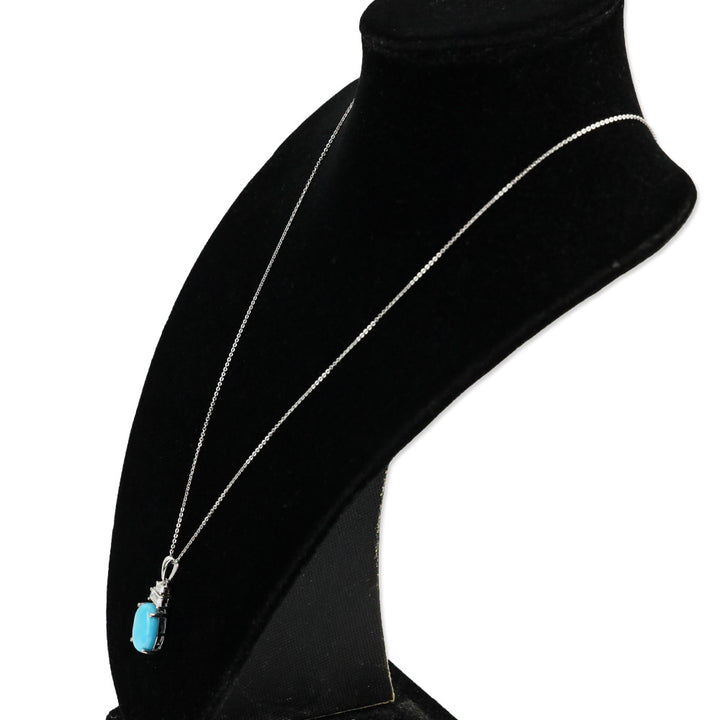 925 Sterling Silver Tiered Diamond and Premium Sleeping Beauty Turquoise Oval Pendant Necklace