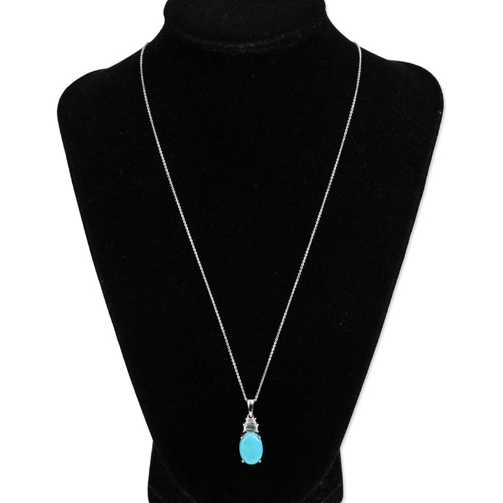 925 Sterling Silver Tiered Diamond and Premium Sleeping Beauty Turquoise Oval Pendant Necklace