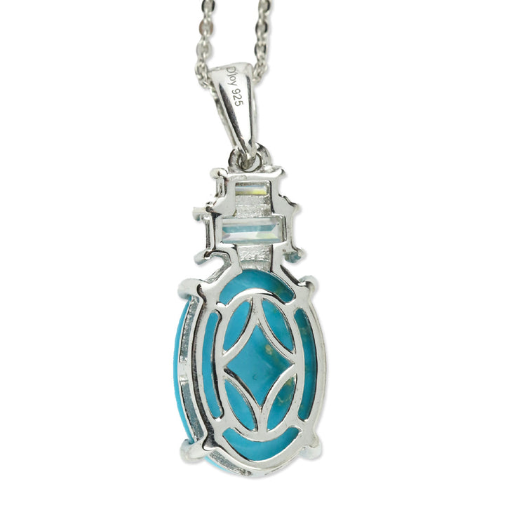 925 Sterling Silver Tiered Diamond and Premium Sleeping Beauty Turquoise Oval Pendant Necklace