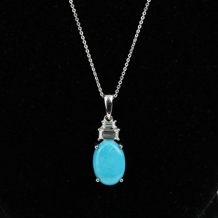 925 Sterling Silver Tiered Diamond and Premium Sleeping Beauty Turquoise Oval Pendant Necklace
