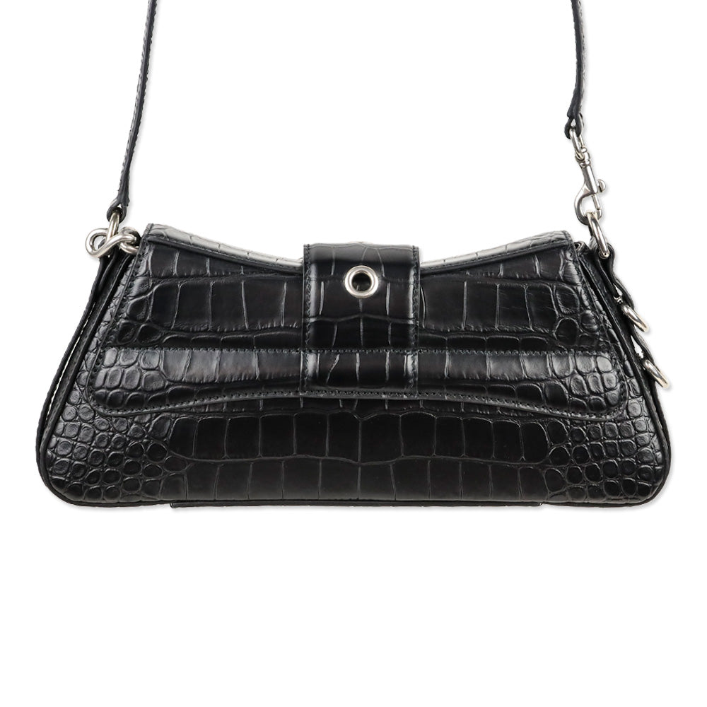 Balenciaga Black Crocodile Embossed Leather Lindsay Small Shoulder Bag With Silver Hardware