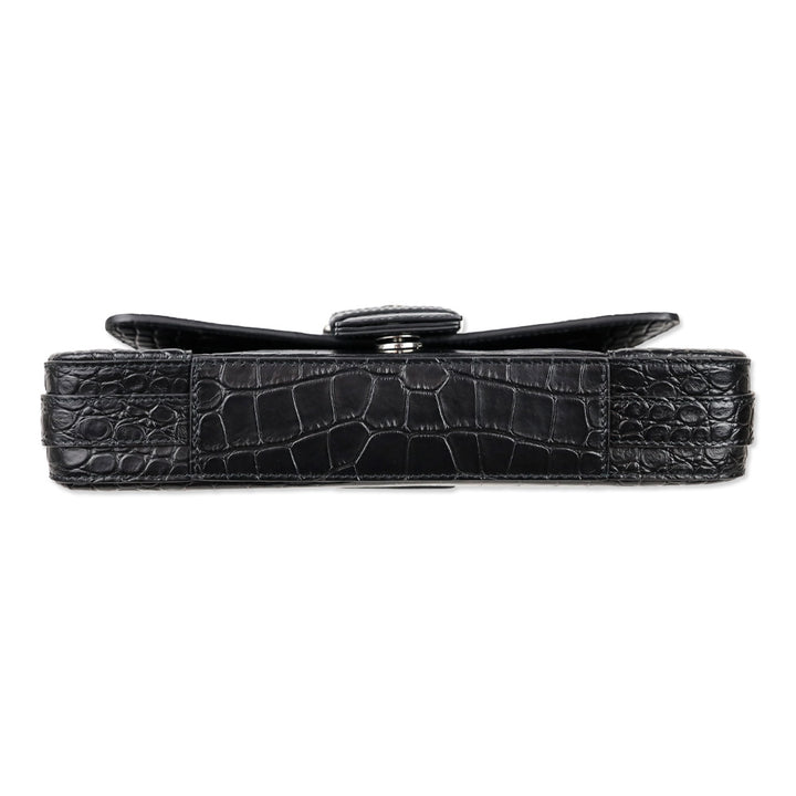 Balenciaga Black Crocodile Embossed Leather Lindsay Small Shoulder Bag With Silver Hardware