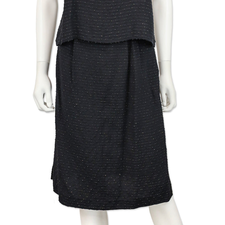 Balenciaga Black with Gold Striped Mid-Rise Pleated Midi Skirt