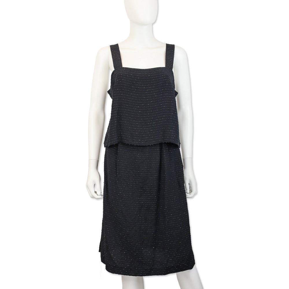 Balenciaga Black with Gold Striped Mid-Rise Pleated Midi Skirt