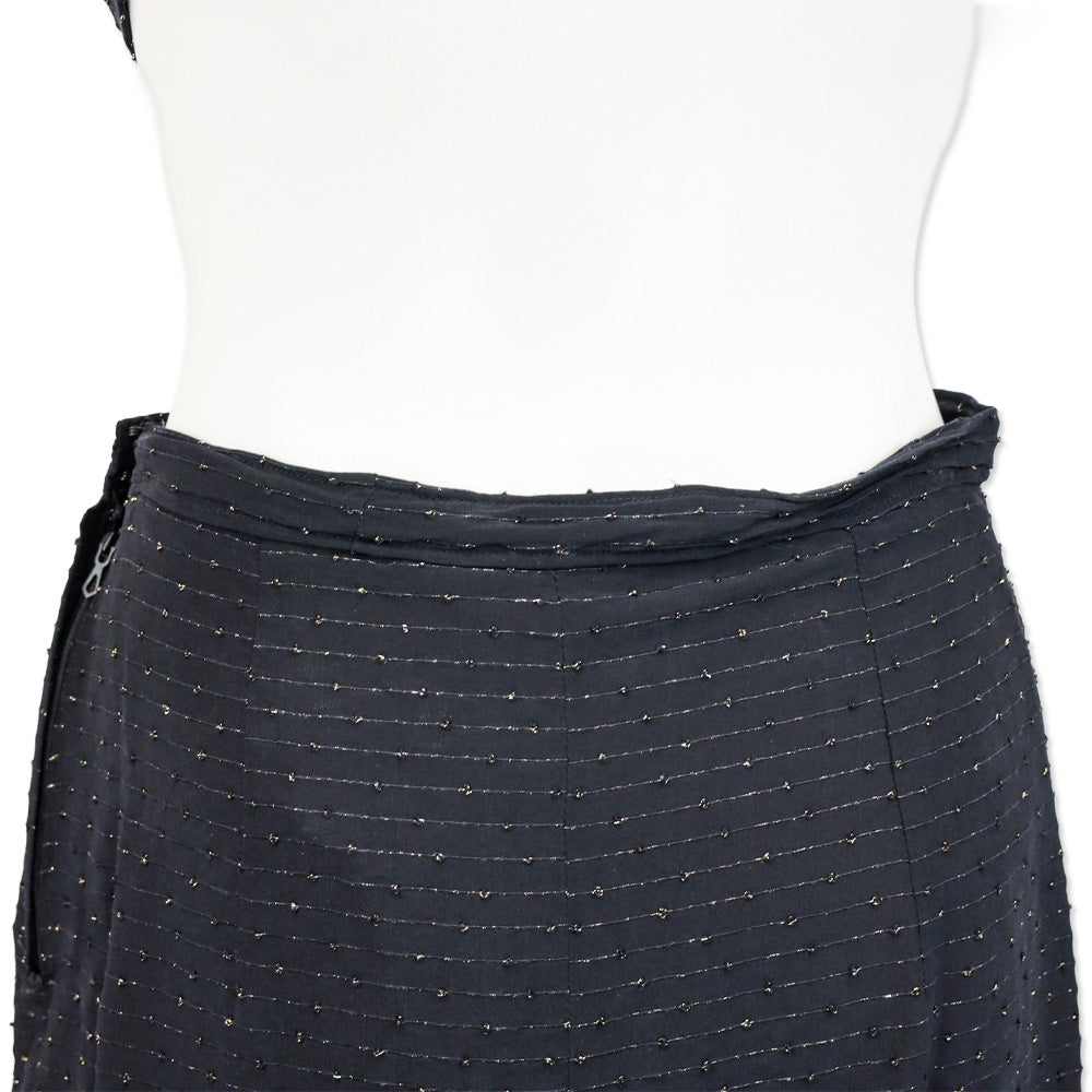 Balenciaga Black with Gold Striped Mid-Rise Pleated Midi Skirt