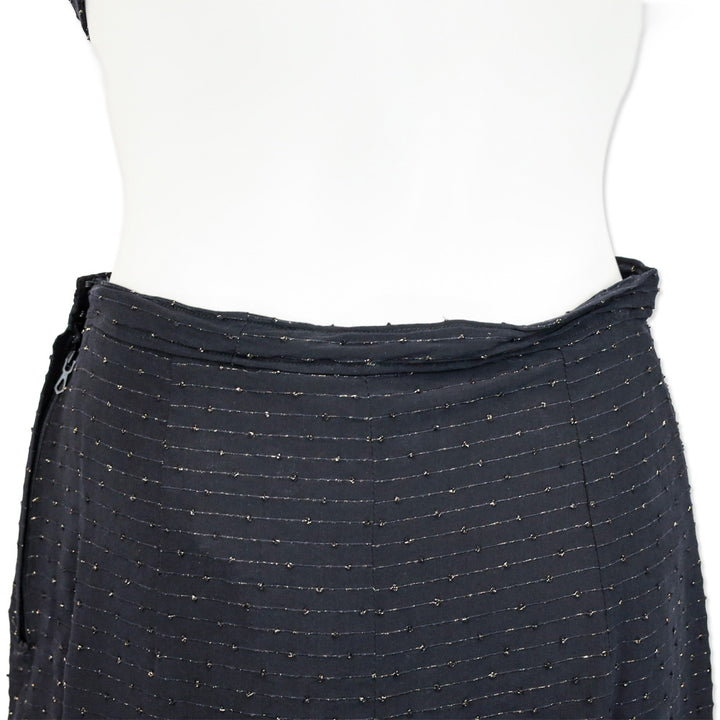 Balenciaga Black with Gold Striped Mid-Rise Pleated Midi Skirt