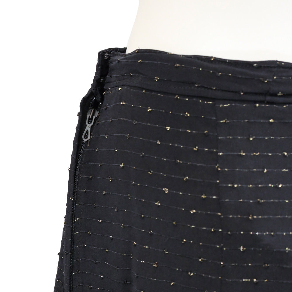 Balenciaga Black with Gold Striped Mid-Rise Pleated Midi Skirt