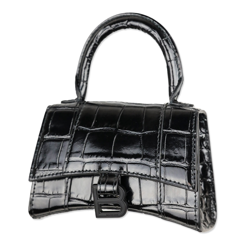 Balenciaga Hourglass Black Crocodile Embossed Leather Mini Top Handle Bag