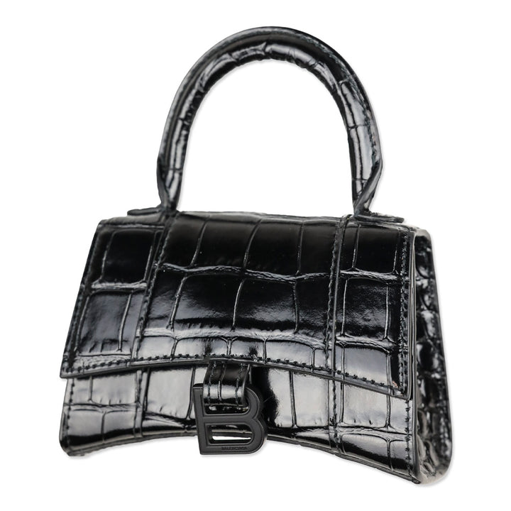 Balenciaga Hourglass Black Crocodile Embossed Leather Mini Top Handle Bag