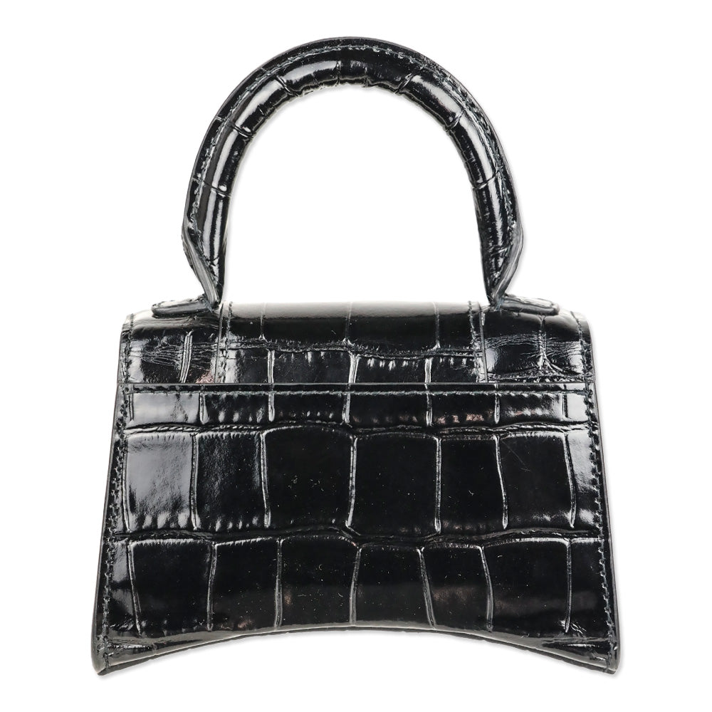 Balenciaga Hourglass Black Crocodile Embossed Leather Mini Top Handle Bag