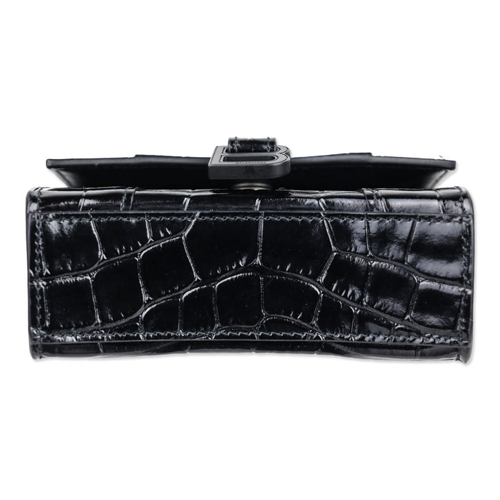 Balenciaga Hourglass Black Crocodile Embossed Leather Mini Top Handle Bag
