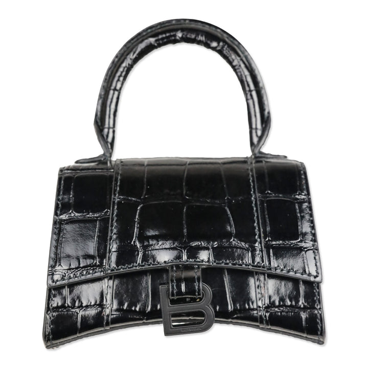 Balenciaga Hourglass Black Crocodile Embossed Leather Mini Top Handle Bag