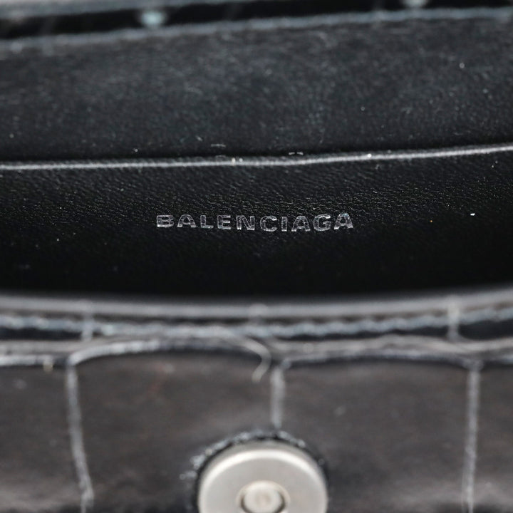 Balenciaga Hourglass Black Crocodile Embossed Leather Mini Top Handle Bag