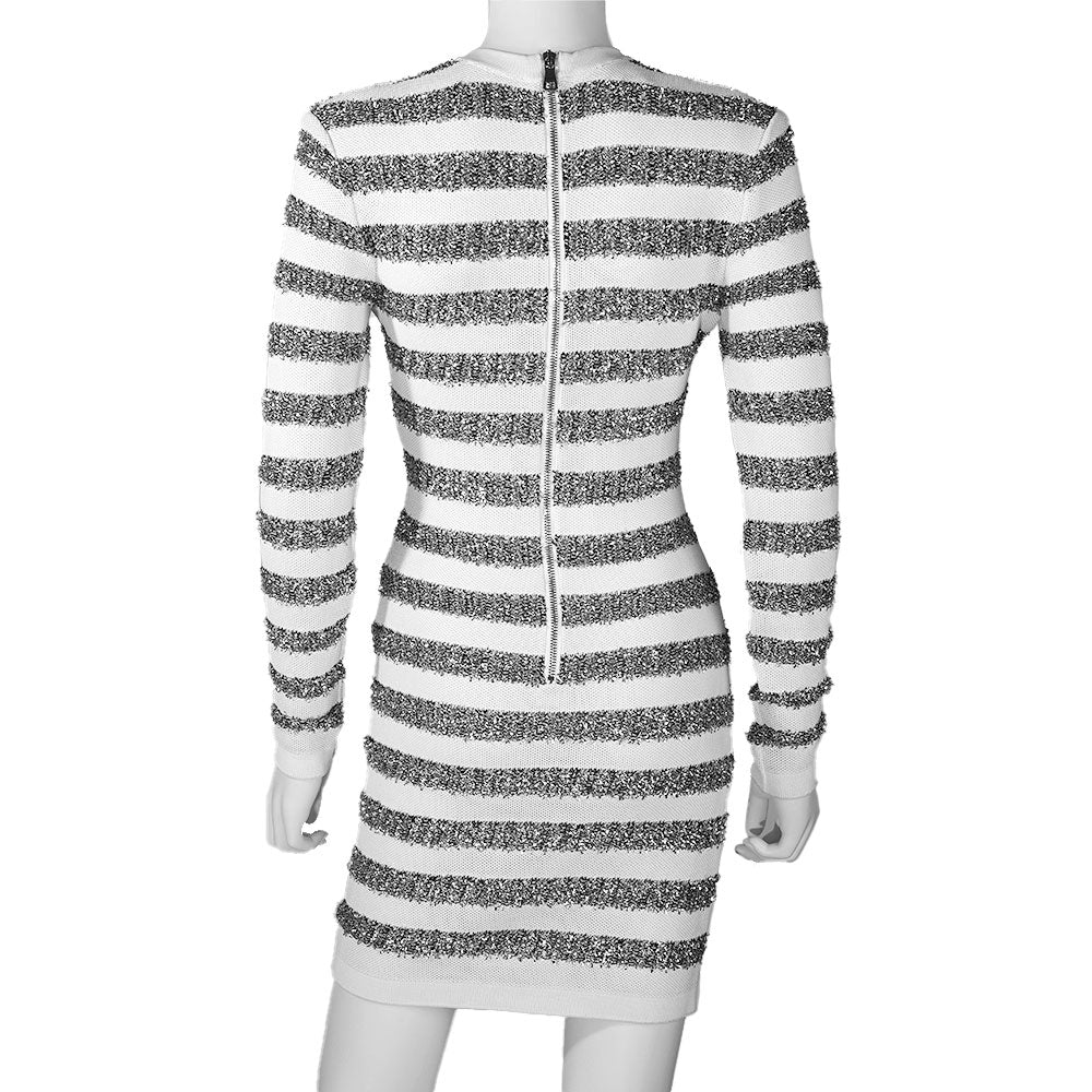 Balmain White & Silver Stripe Mesh Knit Dress