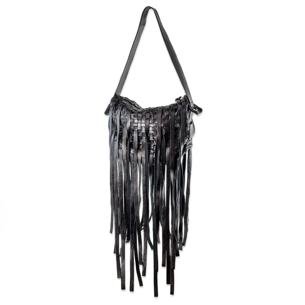 Bottega Veneta Black Woven Fringe Shoulder Bag | DBLTKE  display picture 2