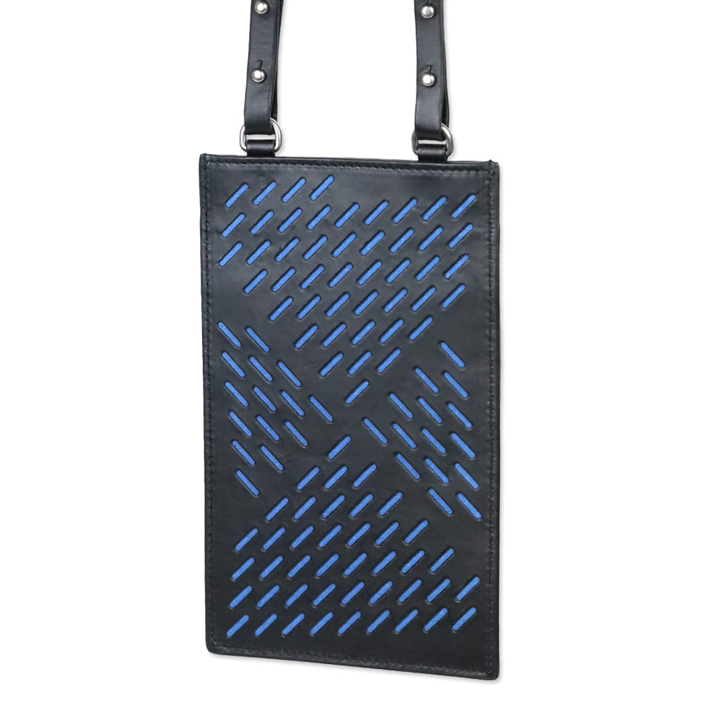Bottega Veneta Black/Blue Calf Leather Perforated Paper Phone Case Card Lanyard