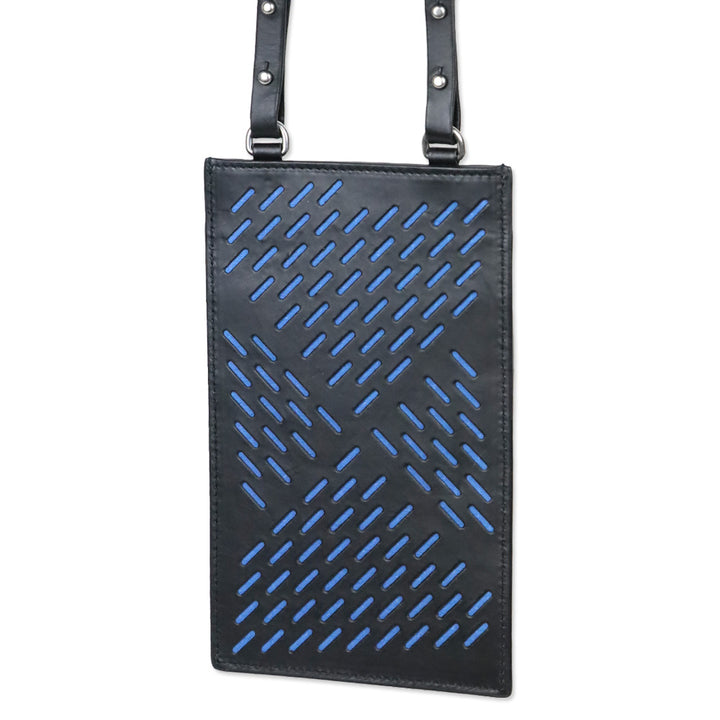 Bottega Veneta Black/Blue Calf Leather Perforated Paper Phone Case Card Lanyard