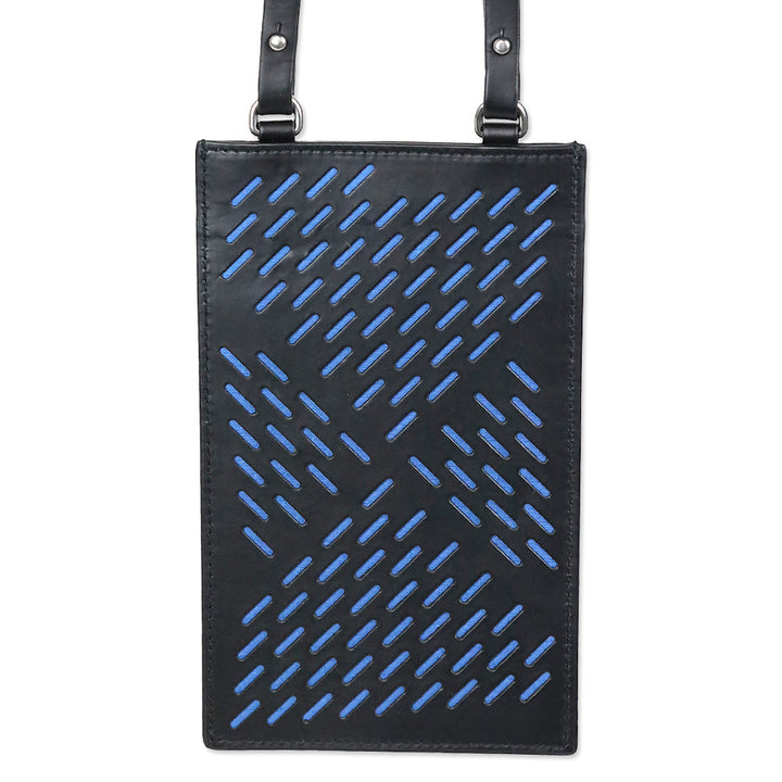 Bottega Veneta Black/Blue Calf Leather Perforated Paper Phone Case Card Lanyard