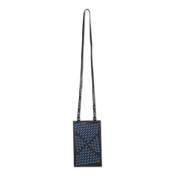 Bottega Veneta Black/Blue Calf Leather Perforated Paper Phone Case Card Lanyard