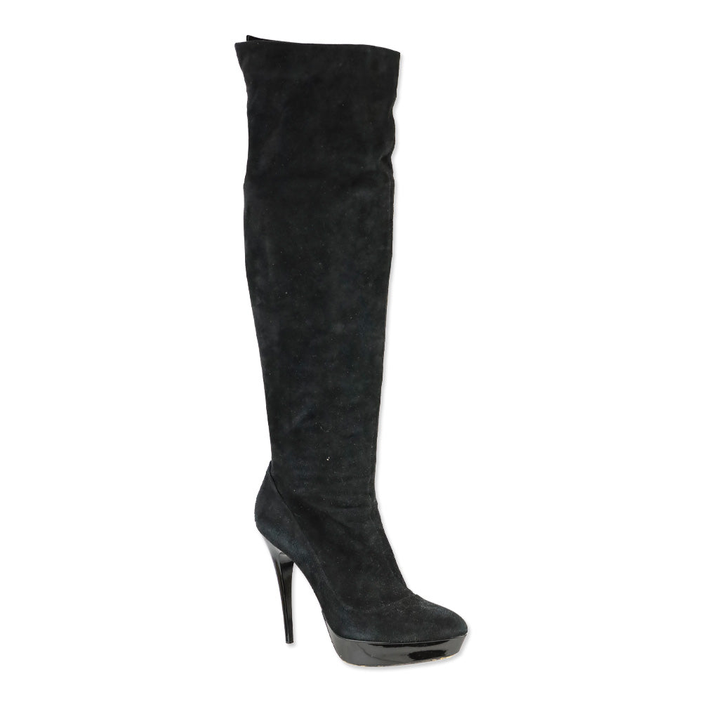 Burberry Black Suede Pointed Toe Platform Knee High Boot