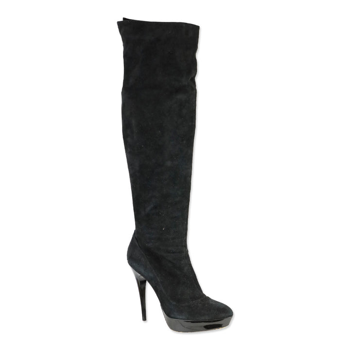 Burberry Black Suede Pointed Toe Platform Knee High Boot