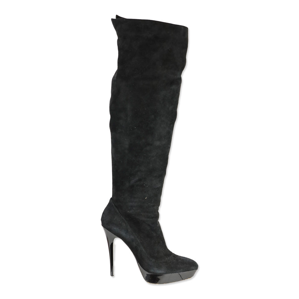 Burberry Black Suede Pointed Toe Platform Knee High Boot