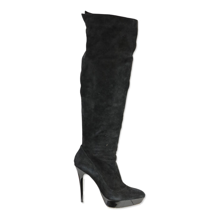 Burberry Black Suede Pointed Toe Platform Knee High Boot