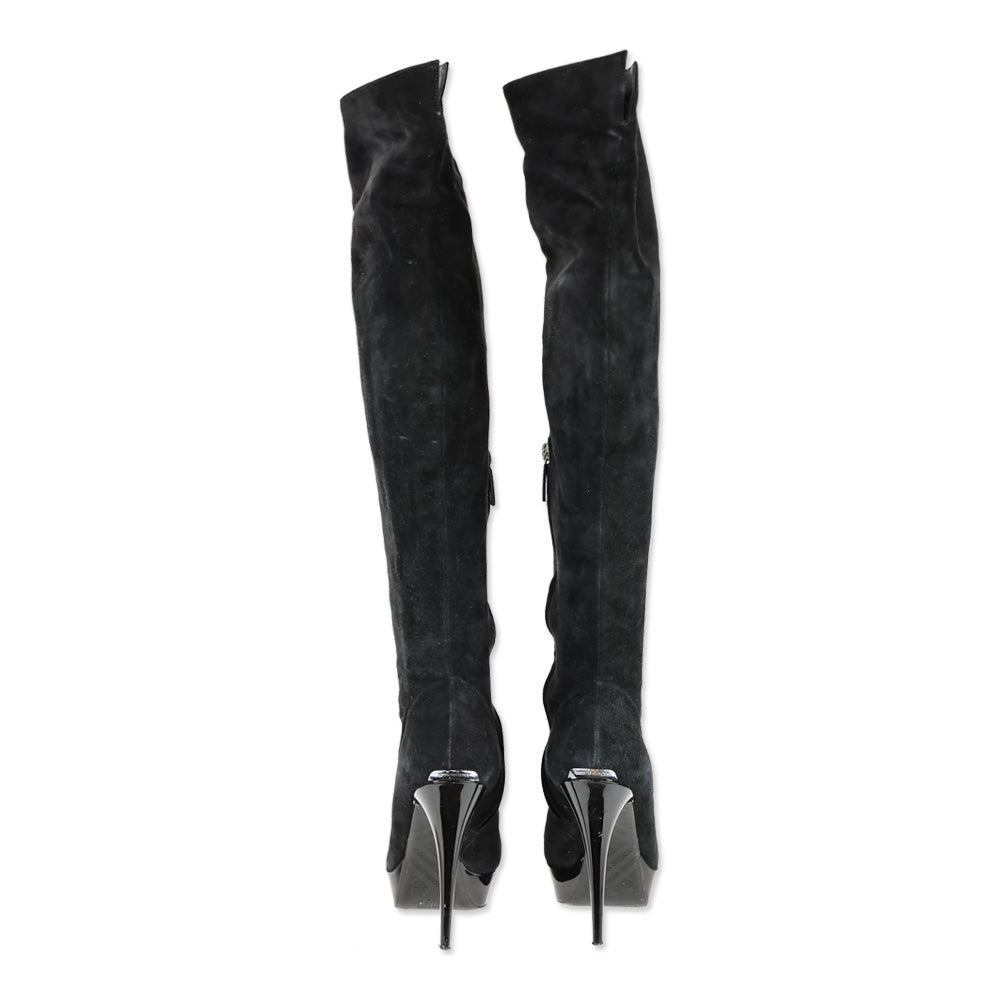Burberry Black Suede Pointed Toe Platform Knee High Boot