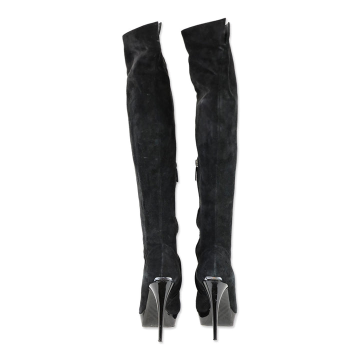 Burberry Black Suede Pointed Toe Platform Knee High Boot
