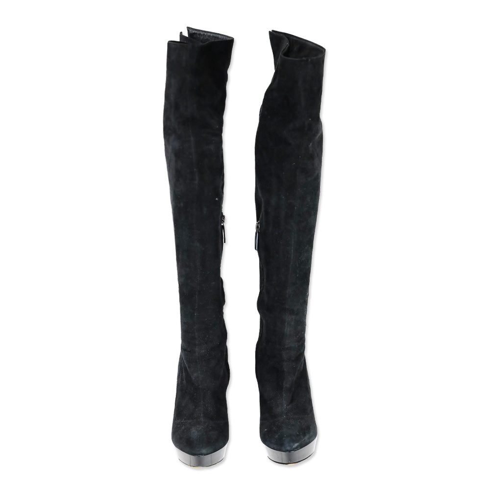 Burberry Black Suede Pointed Toe Platform Knee High Boot