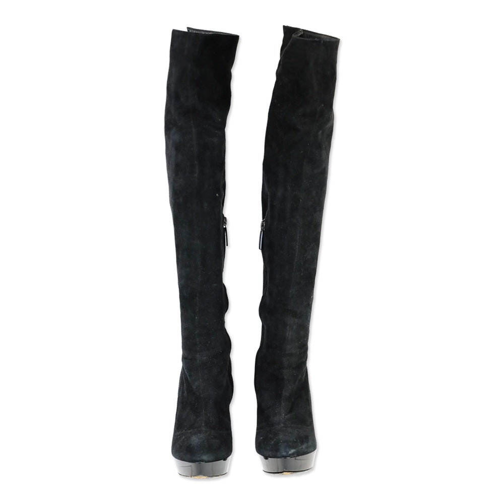 Burberry Black Suede Pointed Toe Platform Knee High Boot