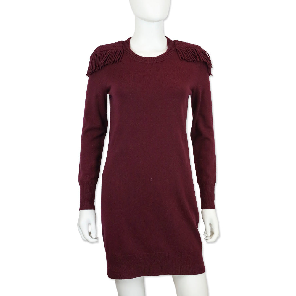 Burberry Burgundy Neto Wool & Cashmere Fringe Sweater Dress