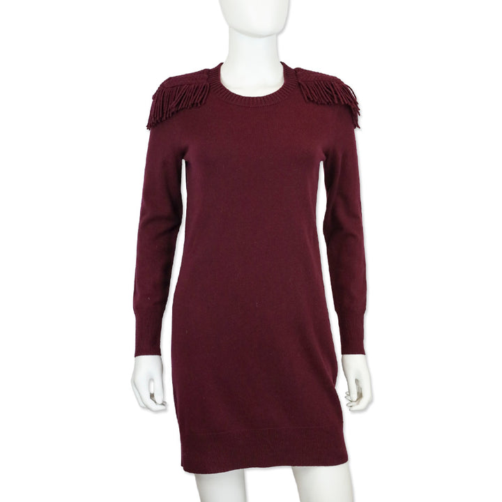 Burberry Burgundy Neto Wool & Cashmere Fringe Sweater Dress