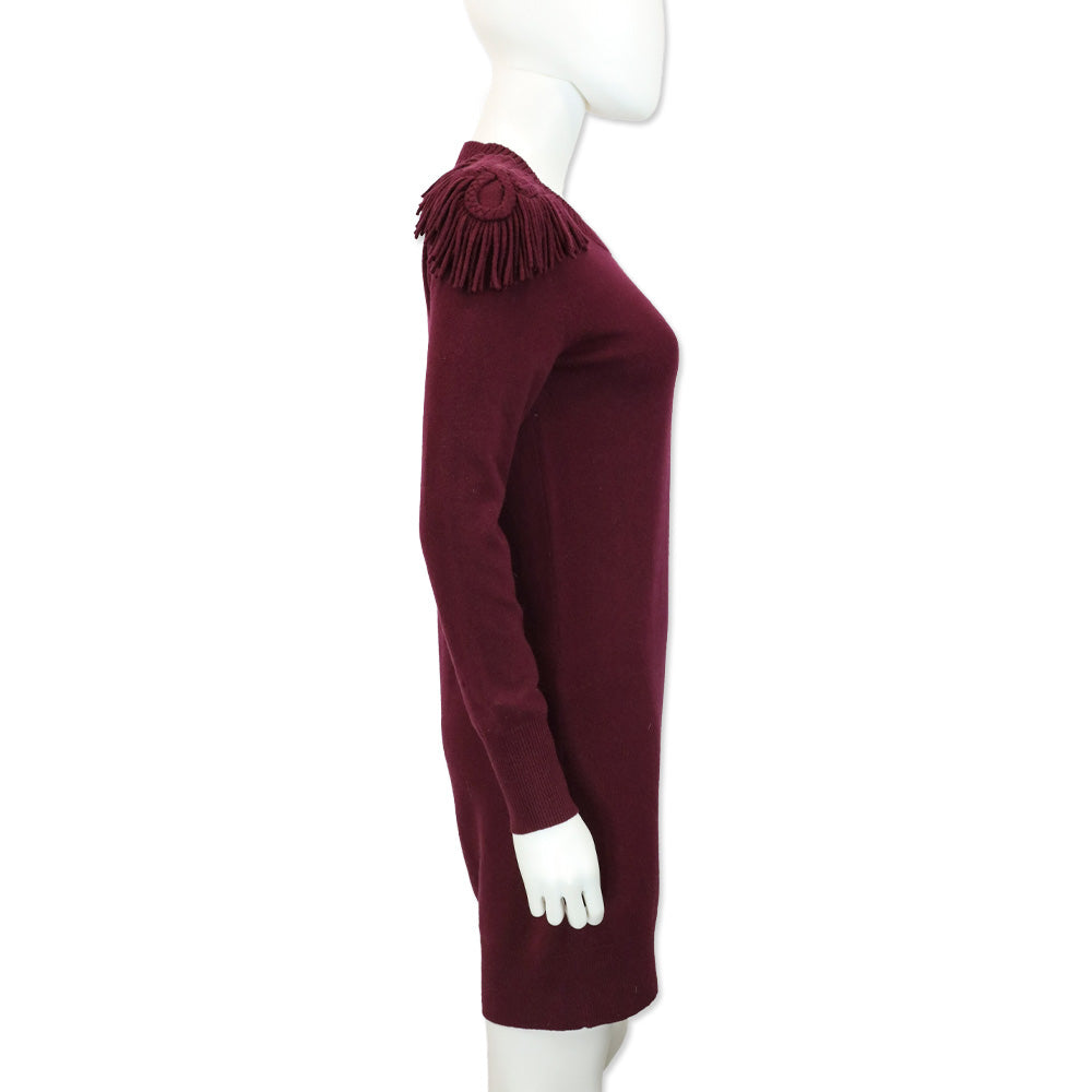 Burberry Burgundy Neto Wool & Cashmere Fringe Sweater Dress