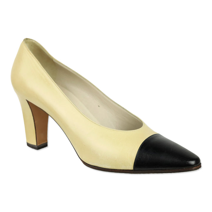 Chanel Beige Black Cap Pointed Toe Leather Pumps