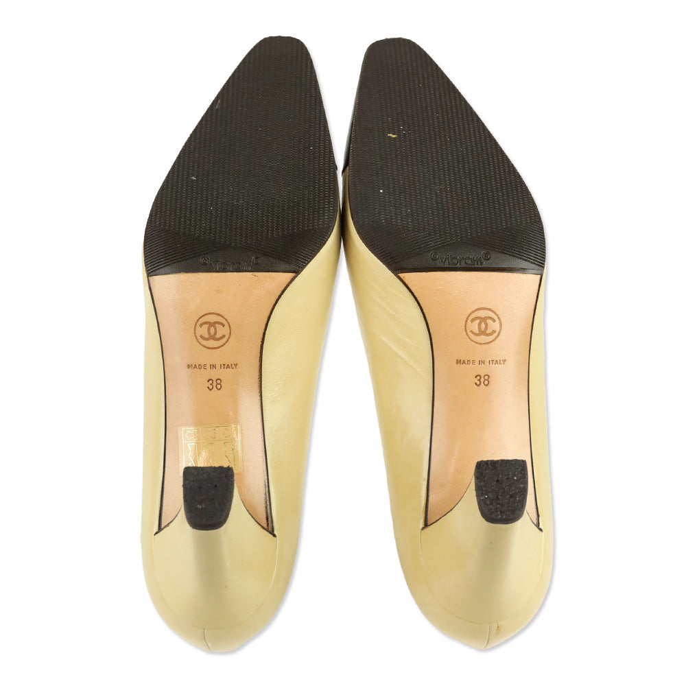 Chanel Beige Black Cap Pointed Toe Leather Pumps