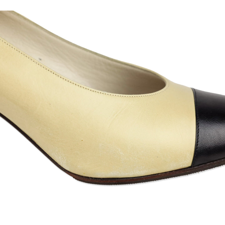 Chanel Beige Black Cap Pointed Toe Leather Pumps