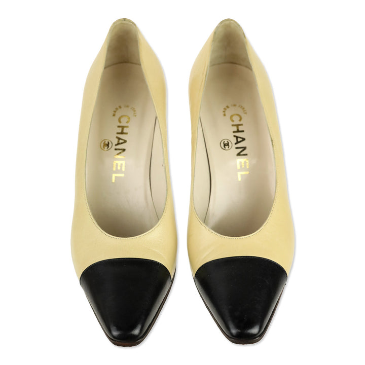 Chanel Beige Black Cap Pointed Toe Leather Pumps