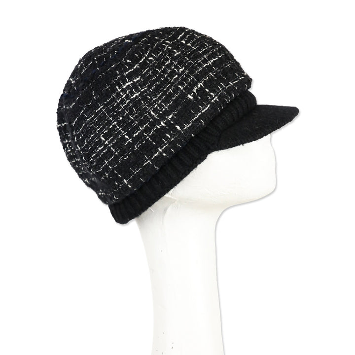 Chanel Black Knit Tweed Newsboy Cap