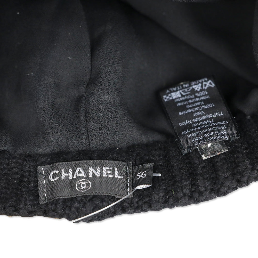 Chanel Black Knit Tweed Newsboy Cap