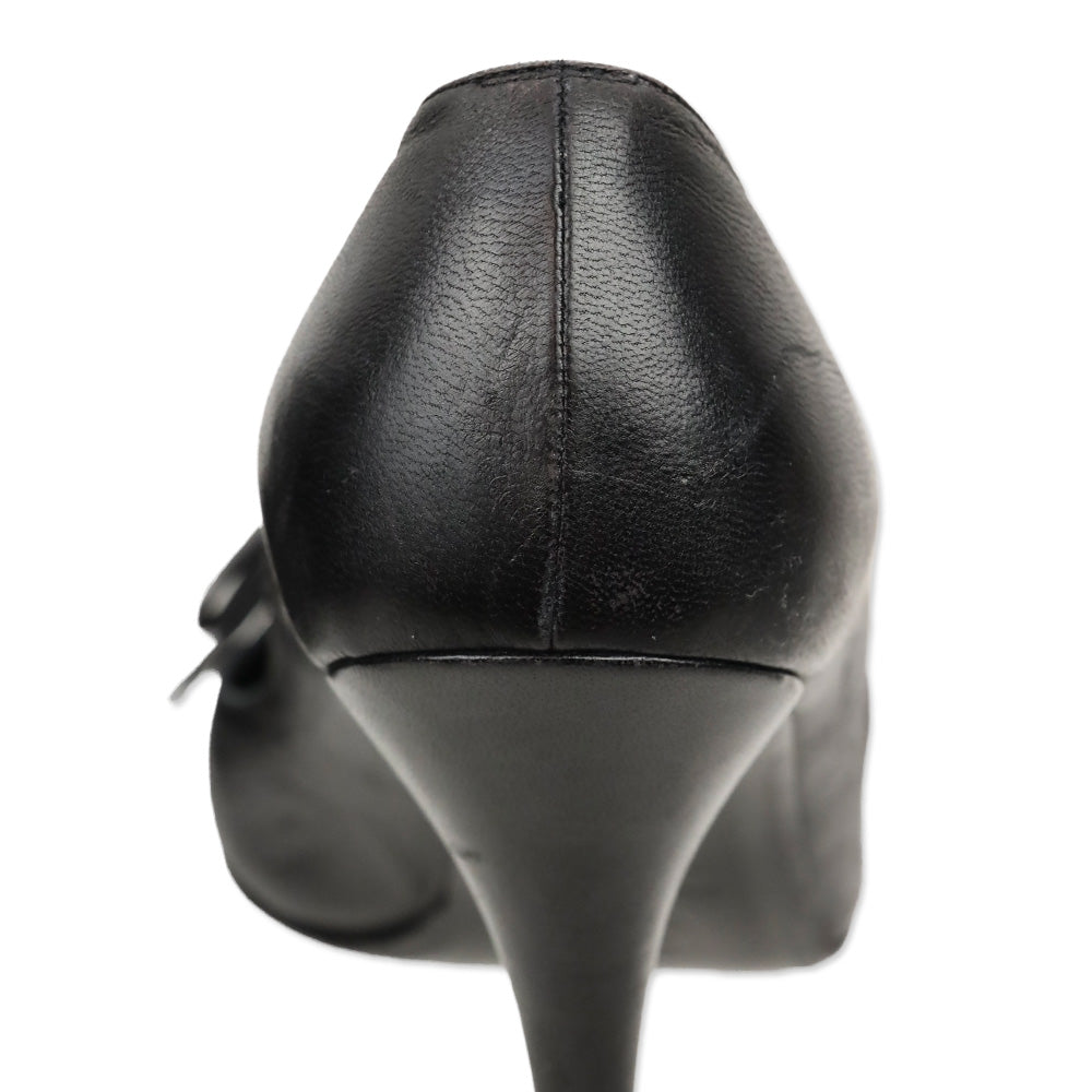 Chanel Black Leather Ribbed Toe Bow Accent Pumps