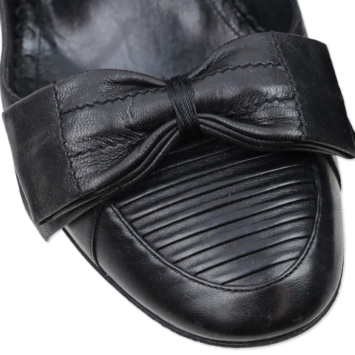 Chanel Black Leather Ribbed Toe Bow Accent Pumps